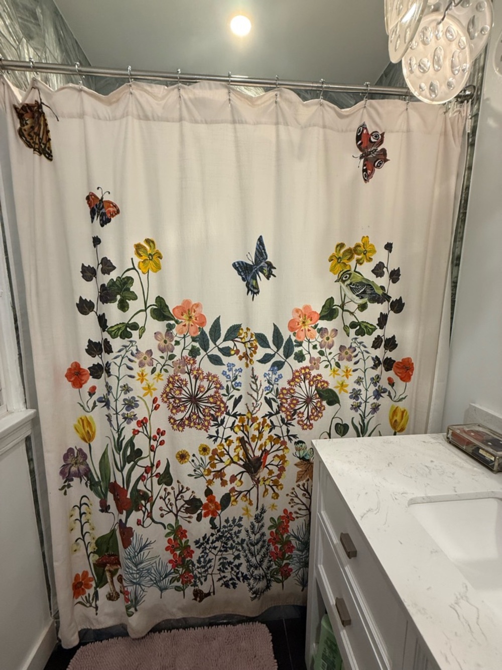 Anthropologie Floral & Butterfly Shower Curtain in Cream with Multicolor Blooms